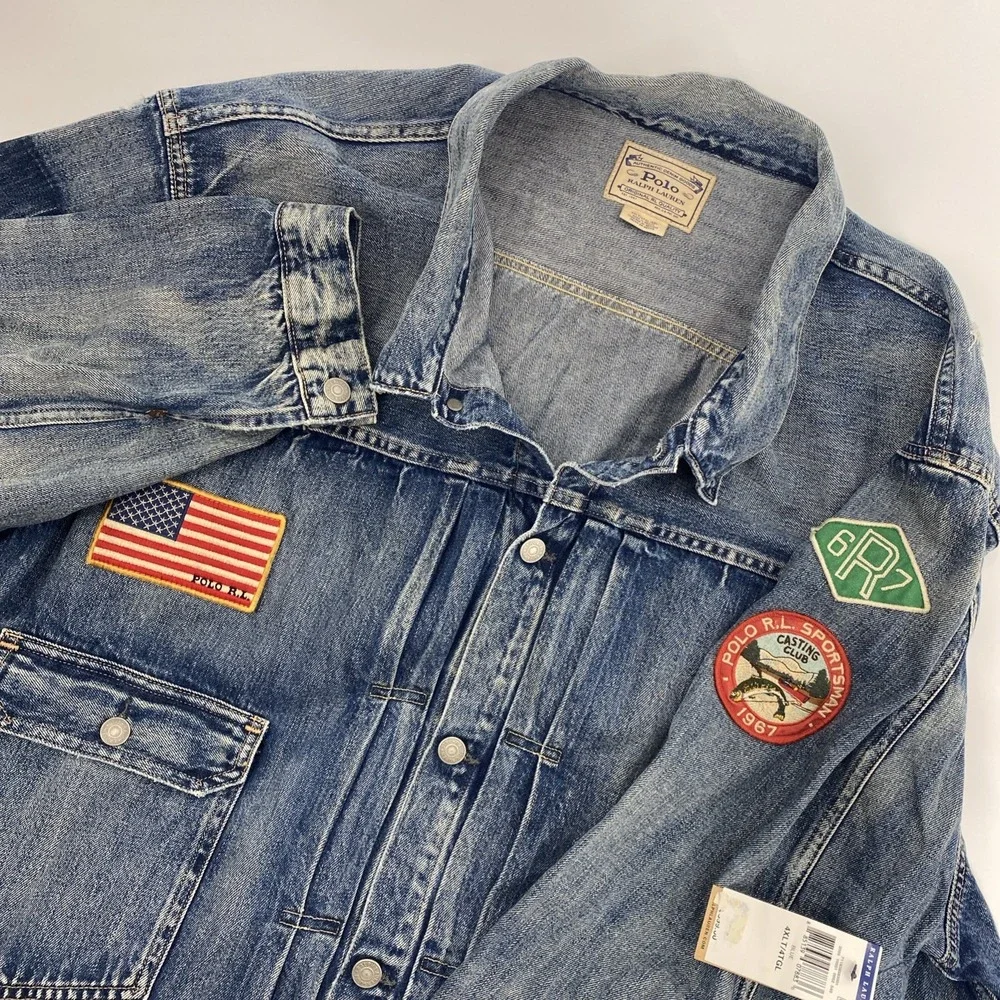 NEW Polo Ralph Lauren Denim Jacket Mens 4XLT Blue Sportsman Patchwork USA Flag